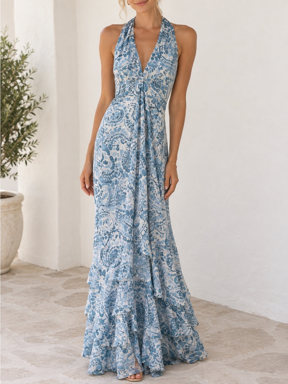 Ralph Lauren Blue Paisley Halter Maxi Dress